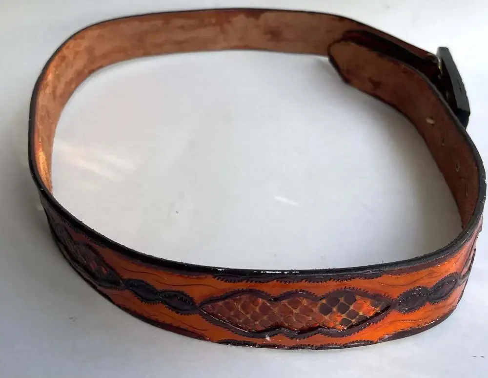 Vintage Western Tooled Leather Belt with Snakeskin Inlay 39 inch